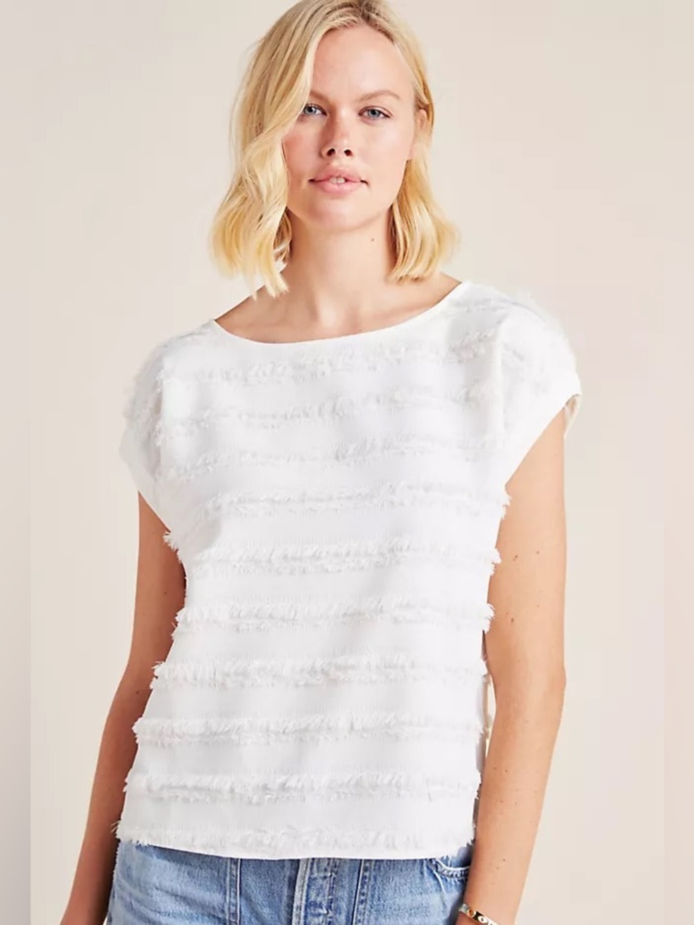 Anthropologie Maeve 24W Barton Textured Fringe Top Ivory Short Sleeve Blouse